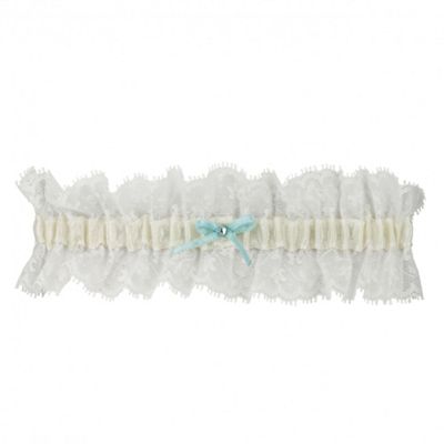 Online exclusive blue satin bow and crystal lace garter
